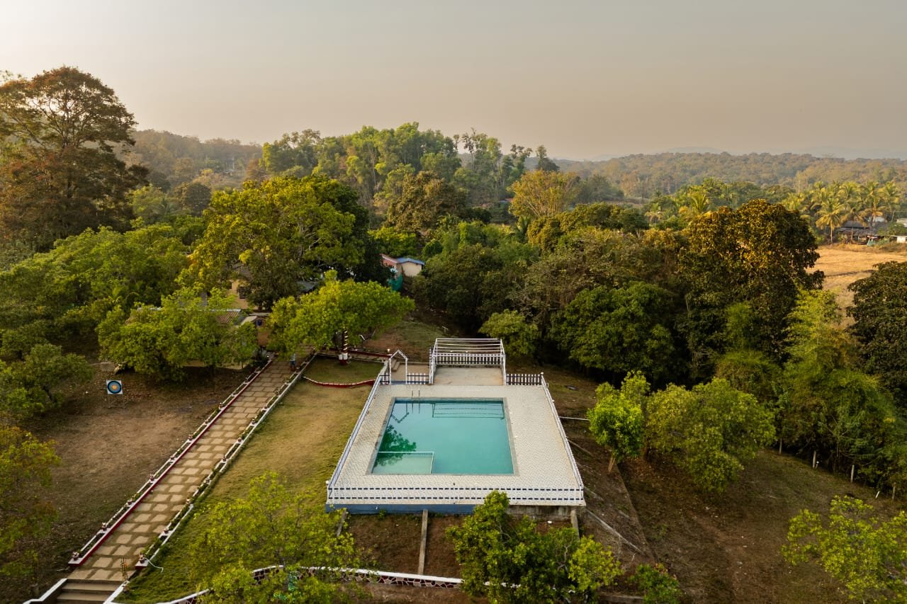 Aerial view of Jungle Resort pool and forest surroundings